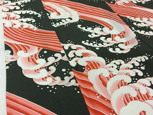 平和屋着物▽小紋　単衣　立波文　黒地　洗える着物　AABH2289jh