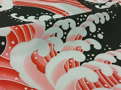 平和屋着物▽小紋　単衣　立波文　黒地　洗える着物　AABH2289jh