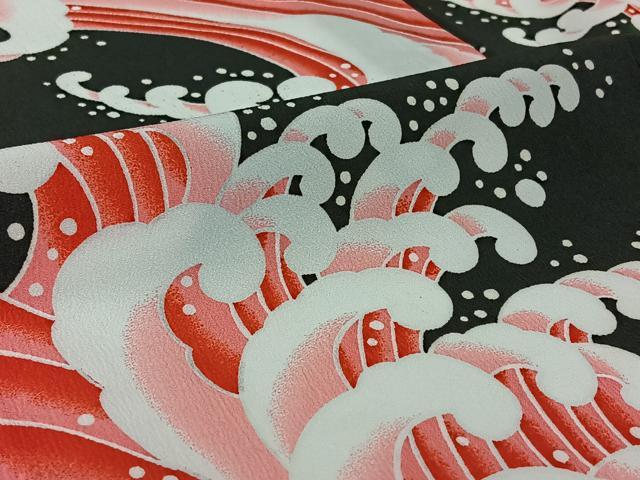平和屋着物▽小紋　単衣　立波文　黒地　洗える着物　AABH2289jh