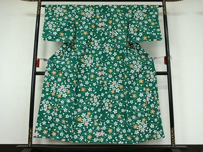平和屋着物▽小紋　単衣　流水花文　洗える着物　AABH2296jh