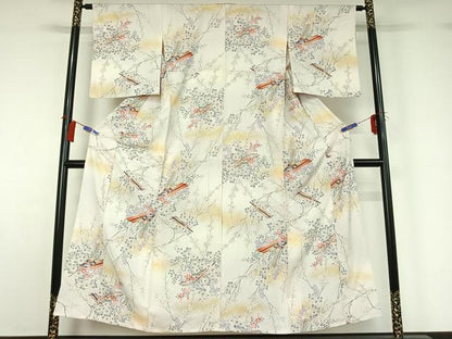 平和屋着物▽上質な小紋　単衣　舞扇文　金彩　正絹　逸品　AABH2302jh