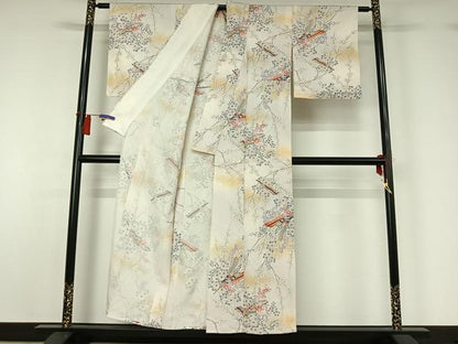 平和屋着物▽上質な小紋　単衣　舞扇文　金彩　正絹　逸品　AABH2302jh