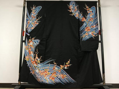 平和屋着物▽振袖　単衣　流水枝梅文　黒地　洗える着物　AABH2303jh