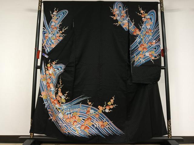 平和屋着物▽振袖　単衣　流水枝梅文　黒地　洗える着物　AABH2303jh