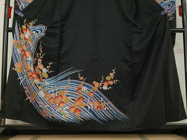 平和屋着物▽振袖　単衣　流水枝梅文　黒地　洗える着物　AABH2303jh