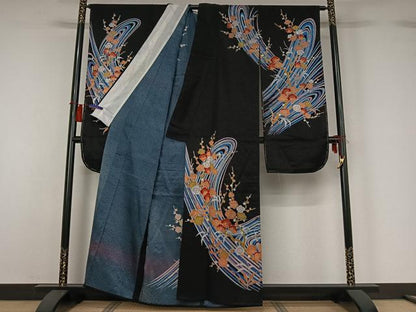 平和屋着物▽振袖　単衣　流水枝梅文　黒地　洗える着物　AABH2303jh