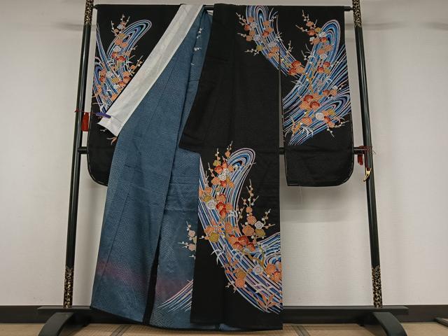 平和屋着物▽振袖　単衣　流水枝梅文　黒地　洗える着物　AABH2303jh