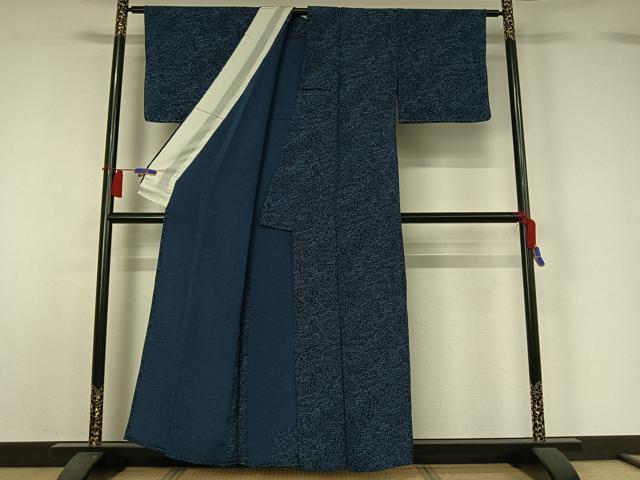 平和屋着物▽上質な小紋　単衣　藍　型染め　草花文　鬼しぼ縮緬　正絹　逸品　AABH2304jh