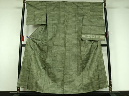 平和屋着物▽ており紬　単衣　横段文　反端付き　正絹　逸品　AABH2305jh