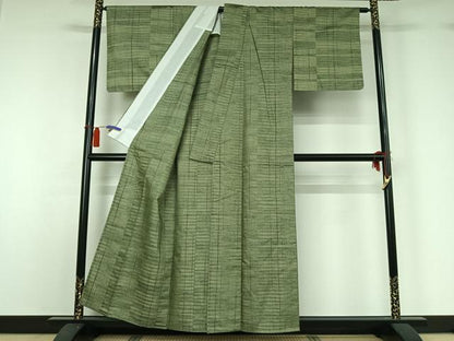 平和屋着物▽ており紬　単衣　横段文　反端付き　正絹　逸品　AABH2305jh