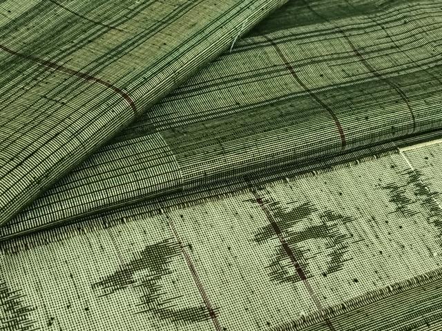 平和屋着物▽ており紬　単衣　横段文　反端付き　正絹　逸品　AABH2305jh