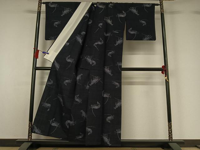 平和屋着物▽上質な紬　単衣　海老　黒地　正絹　逸品　AABH2310jh