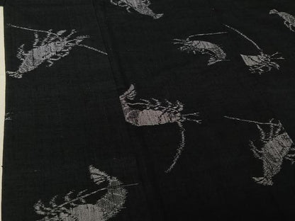 平和屋着物▽上質な紬　単衣　海老　黒地　正絹　逸品　AABH2310jh