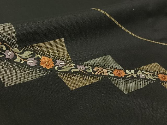 平和屋着物▽訪問着　単衣　本場大島紬地　刺繍　草花文　金糸　正絹　逸品　AABH2316jh