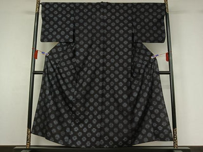 平和屋着物▽上質な紬　単衣　幾何学丸文　三越扱い　正絹　逸品　AABH2318jh