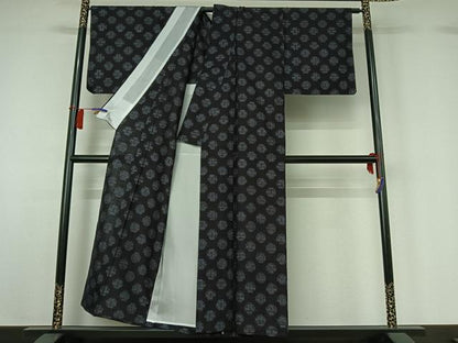 平和屋着物▽上質な紬　単衣　幾何学丸文　三越扱い　正絹　逸品　AABH2318jh
