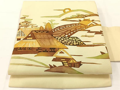 平和屋着物◎塩瀬　九寸名古屋帯　風景文　正絹　逸品　AABH2327uk