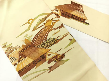平和屋着物◎塩瀬　九寸名古屋帯　風景文　正絹　逸品　AABH2327uk