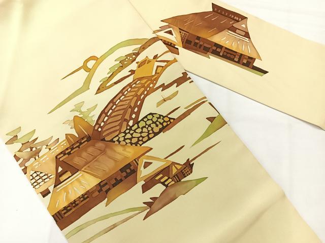 平和屋着物◎塩瀬　九寸名古屋帯　風景文　正絹　逸品　AABH2327uk