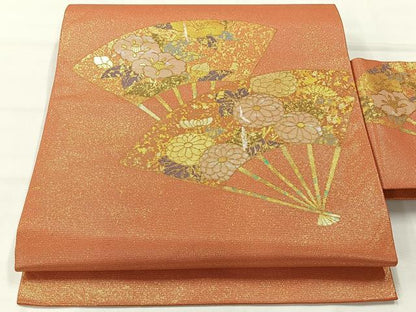 平和屋着物◎九寸名古屋帯 螺鈿箔 扇面花文 金彩 正絹 逸品 AABH2345uk
