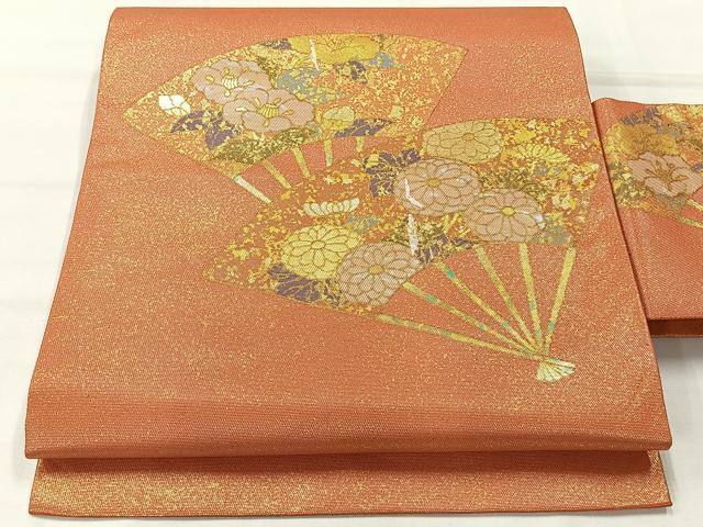 平和屋着物◎九寸名古屋帯 螺鈿箔 扇面花文 金彩 正絹 逸品 AABH2345uk
