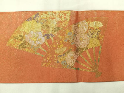 平和屋着物◎九寸名古屋帯 螺鈿箔 扇面花文 金彩 正絹 逸品 AABH2345uk