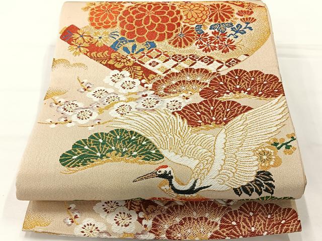 平和屋着物◎アンティーク　大正ロマン　両面丸帯　唐織　飛鶴花文　金糸　正絹　逸品　AABH2367uk