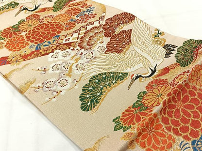 平和屋着物◎アンティーク　大正ロマン　両面丸帯　唐織　飛鶴花文　金糸　正絹　逸品　AABH2367uk