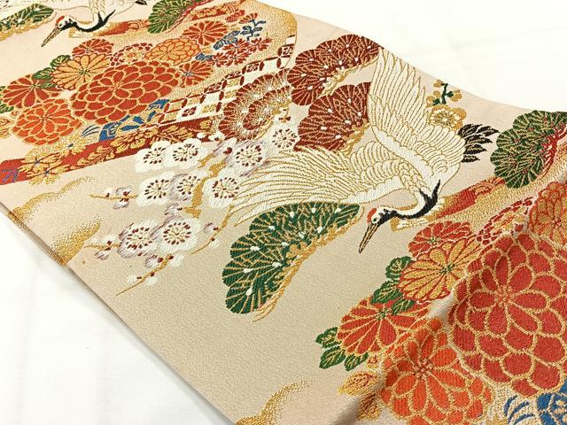 平和屋着物◎アンティーク　大正ロマン　両面丸帯　唐織　飛鶴花文　金糸　正絹　逸品　AABH2367uk