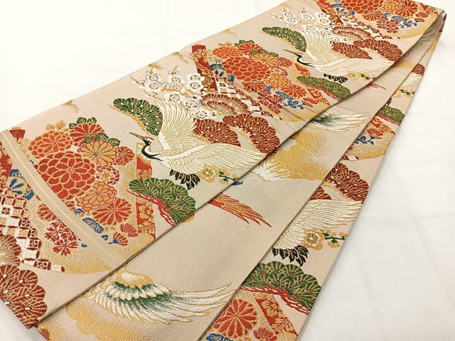 平和屋着物◎アンティーク　大正ロマン　両面丸帯　唐織　飛鶴花文　金糸　正絹　逸品　AABH2367uk