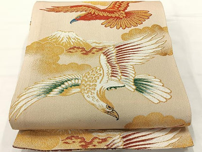 平和屋着物◎アンティーク　大正ロマン　両面丸帯　唐織　飛鶴花文　金糸　正絹　逸品　AABH2367uk