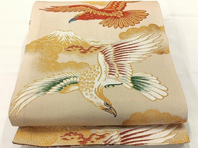 平和屋着物◎アンティーク　大正ロマン　両面丸帯　唐織　飛鶴花文　金糸　正絹　逸品　AABH2367uk