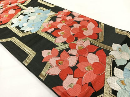 平和屋着物◎六通柄京袋帯　唐織　亀甲花文　黒地　金糸　正絹　逸品　AABH2378uk