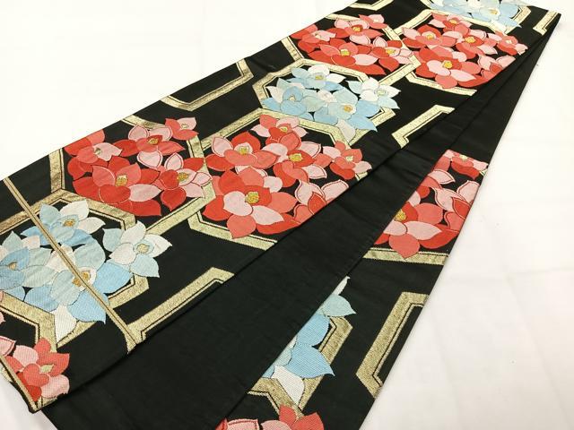 平和屋着物◎六通柄京袋帯　唐織　亀甲花文　黒地　金糸　正絹　逸品　AABH2378uk