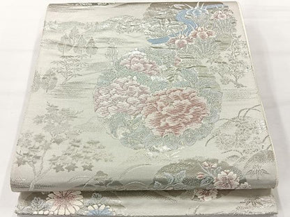 平和屋着物◎六通柄袋帯　雪輪花文　銀糸　正絹　逸品　AABH2384uk