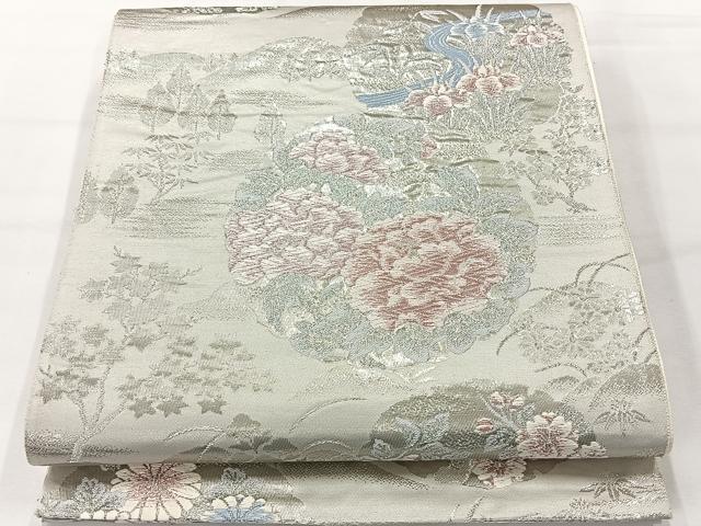 平和屋着物◎六通柄袋帯　雪輪花文　銀糸　正絹　逸品　AABH2384uk