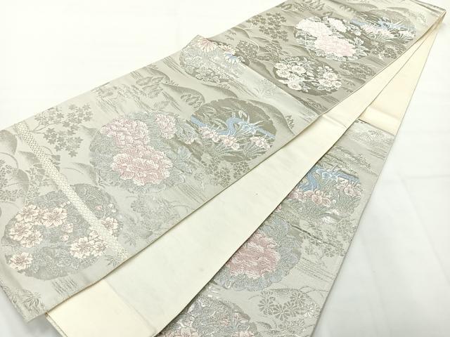 平和屋着物◎六通柄袋帯　雪輪花文　銀糸　正絹　逸品　AABH2384uk