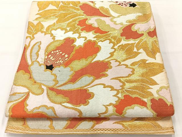 平和屋着物◎六通柄　本袋帯　唐織　草花文　金糸　正絹　逸品　AABH2390uk