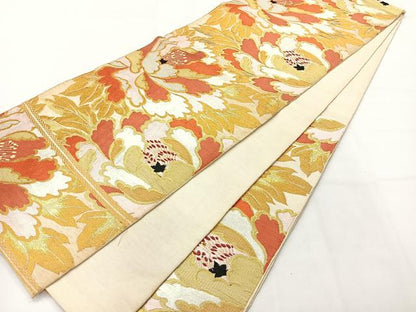 平和屋着物◎六通柄　本袋帯　唐織　草花文　金糸　正絹　逸品　AABH2390uk