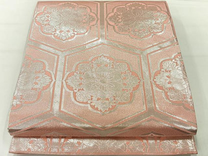 平和屋着物◎全通柄袋帯　亀甲花文　銀糸　正絹　逸品　AABH2407uk