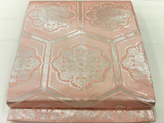 平和屋着物◎全通柄袋帯　亀甲花文　銀糸　正絹　逸品　AABH2407uk