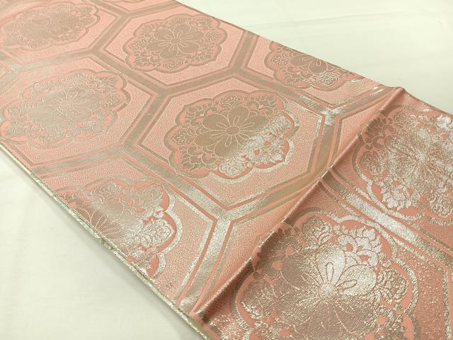 平和屋着物◎全通柄袋帯　亀甲花文　銀糸　正絹　逸品　AABH2407uk