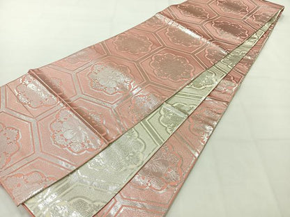 平和屋着物◎全通柄袋帯　亀甲花文　銀糸　正絹　逸品　AABH2407uk