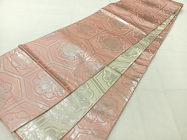 平和屋着物◎全通柄袋帯　亀甲花文　銀糸　正絹　逸品　AABH2407uk