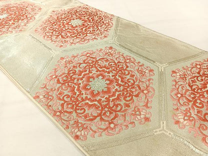 平和屋着物◎六通柄袋帯 唐織 亀甲花文 銀糸 正絹 逸品 AABH2415uk