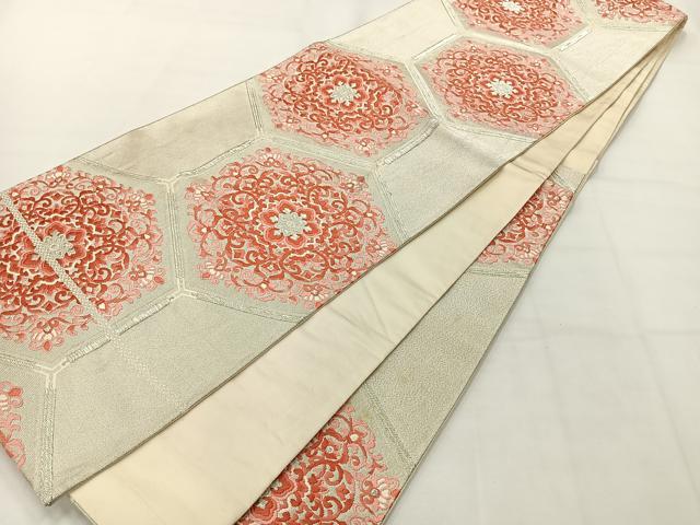 平和屋着物◎六通柄袋帯 唐織 亀甲花文 銀糸 正絹 逸品 AABH2415uk