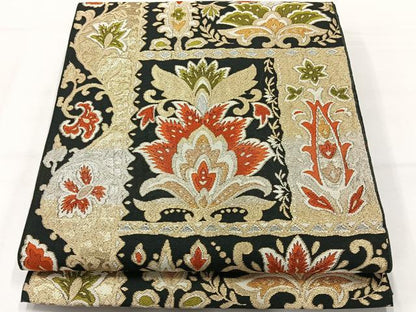 平和屋着物◎六通柄袋帯 唐織 更紗花文 黒地 金糸 正絹 逸品 AABH2439uk