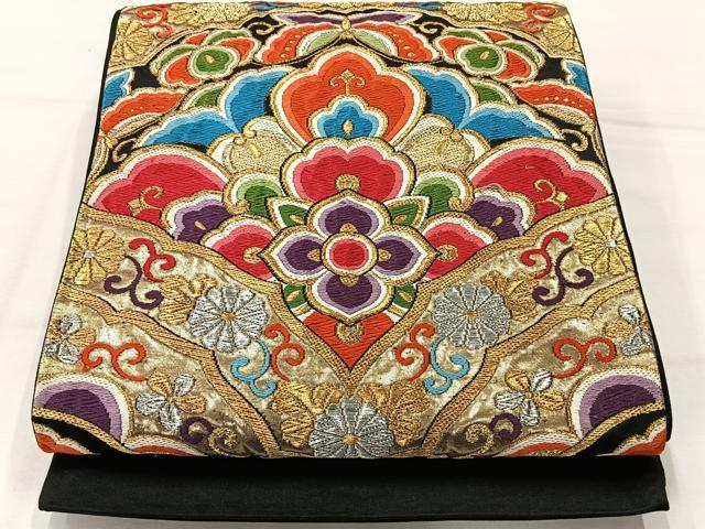 平和屋着物◎六通柄袋帯 唐織 花蝶文 黒地 金銀糸 正絹 逸品 AABH2440uk