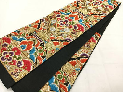 平和屋着物◎六通柄袋帯 唐織 花蝶文 黒地 金銀糸 正絹 逸品 AABH2440uk