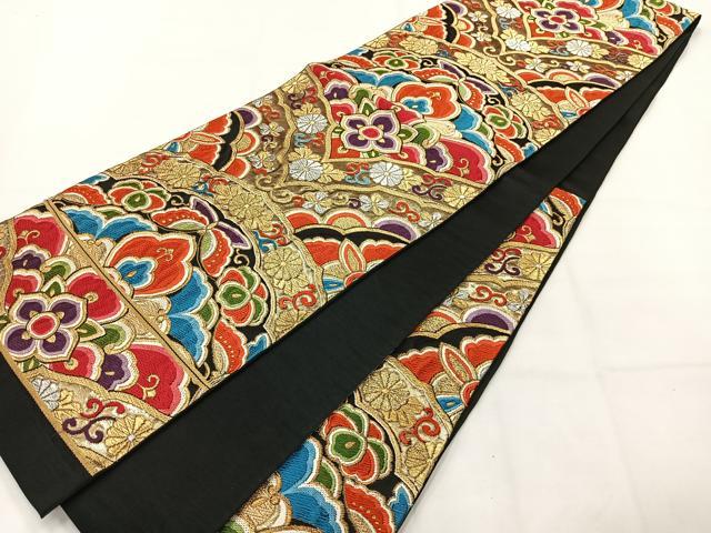 平和屋着物◎六通柄袋帯 唐織 花蝶文 黒地 金銀糸 正絹 逸品 AABH2440uk